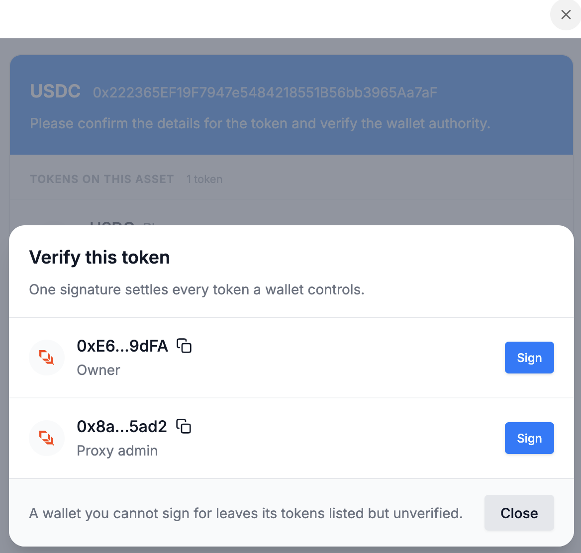 The 'Verify this token' dialog listing two wallets, an owner and a proxy admin, each with a Sign button.