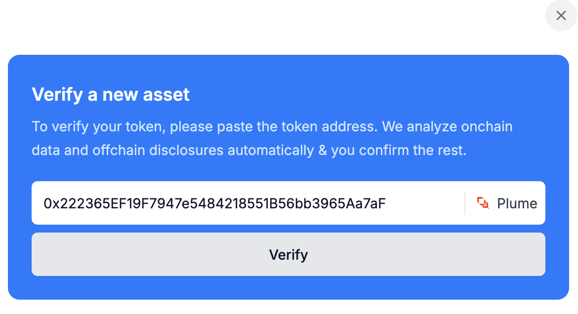 The widget's 'Verify a new asset' screen, with a token address pasted in and Plume detected as the chain.